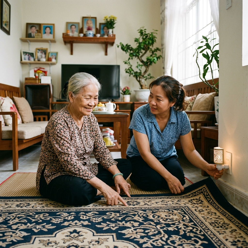 Rà soát an toàn thảm trải sàn và ánh sáng lối đi phòng chống té ngã cho người cao tuổi