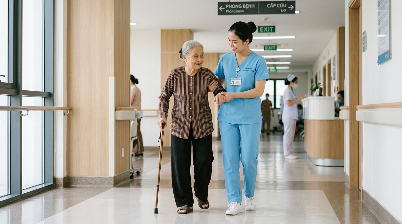 Nhân viên ANTCARE dìu cụ bà làm thủ tục khám bệnh tại bệnh viện