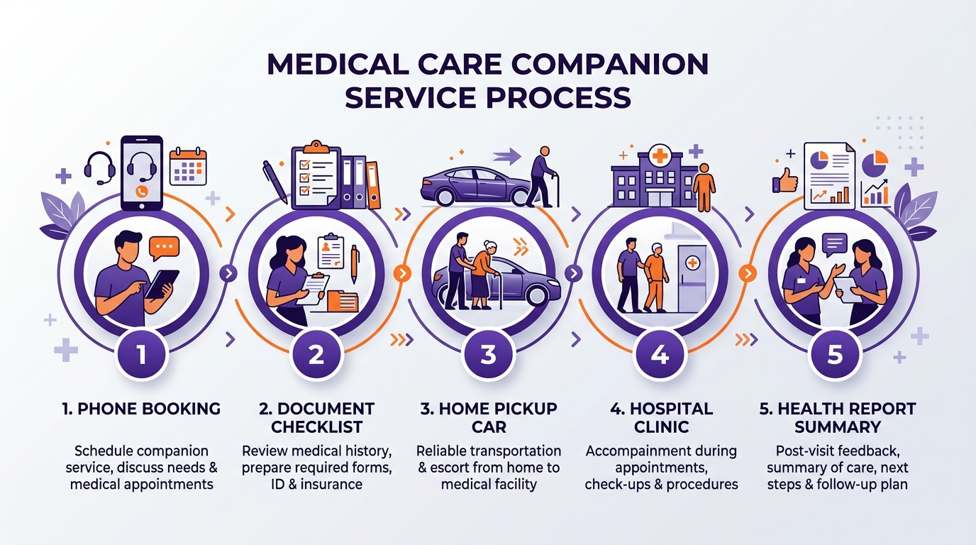 Sơ đồ 5 bước dịch vụ đồng hành đi khám của ANTCARE